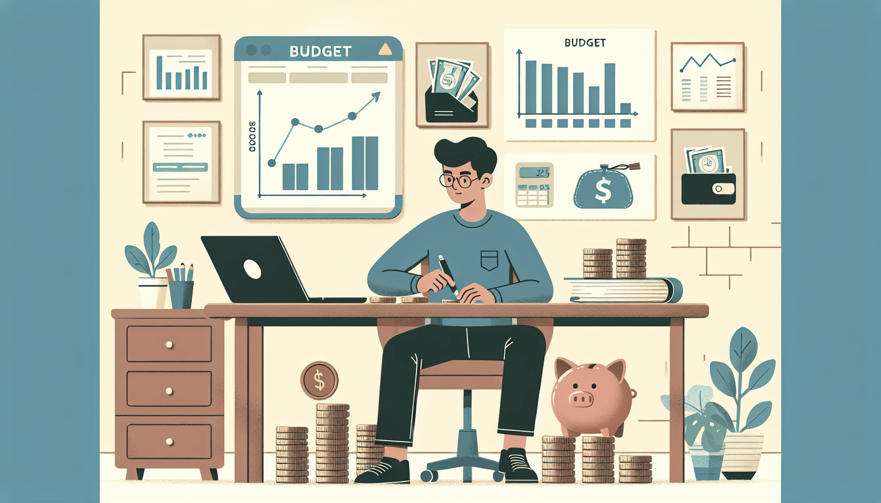 Smart Money Management : a man sitting at a desk with a laptop and a piggy bank